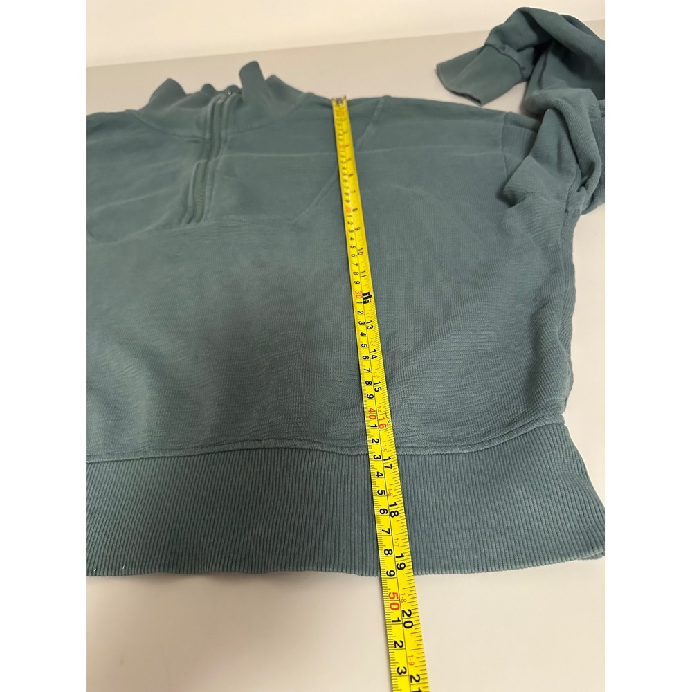 Mono B Quarter Zip Cropped Pullover Sweatshirt in Teal Cotton | Size Medium - Picture 6 of 7